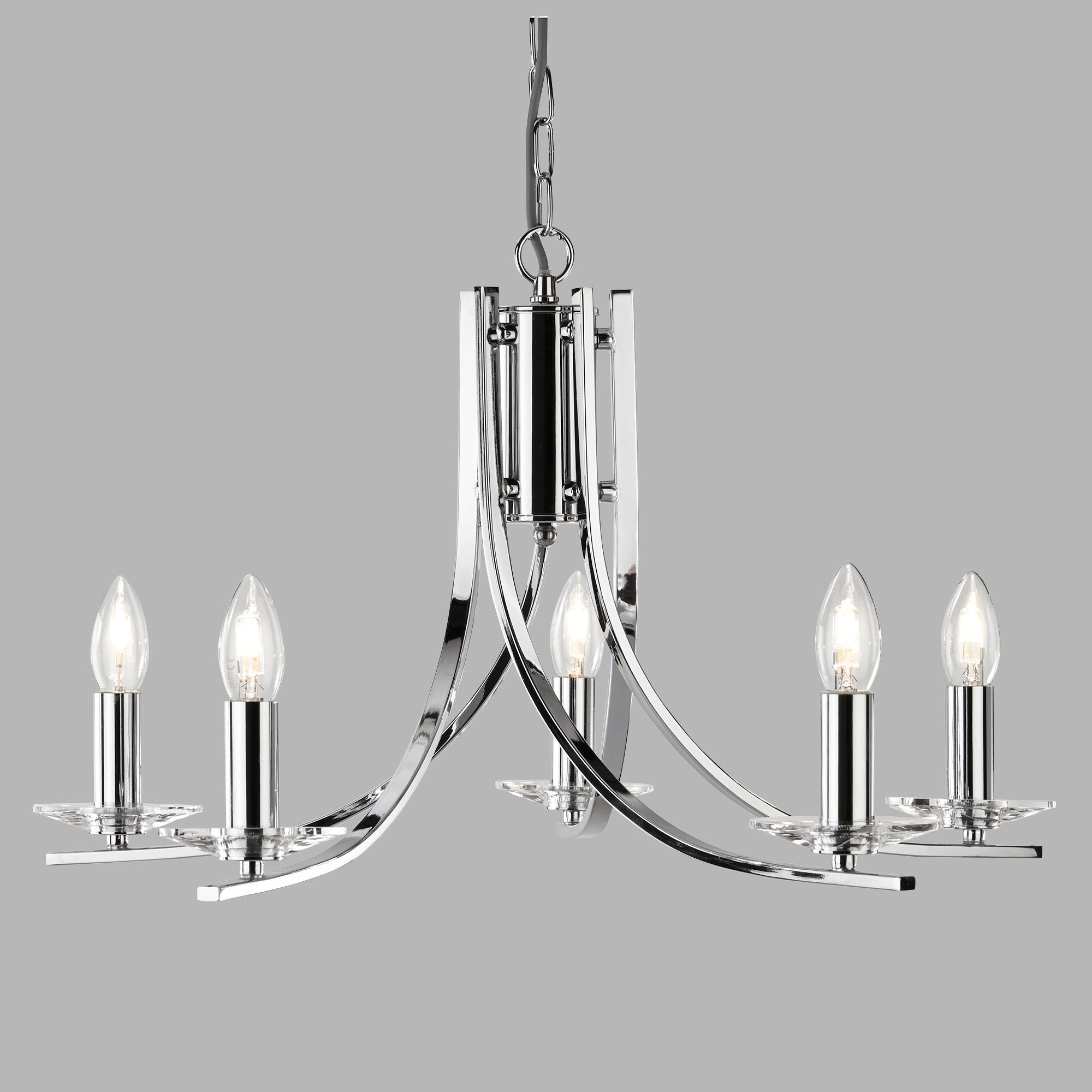 Lampadario Industrial-Nordico Ascona Acciaio Cromo Vetro 5 Luci E14