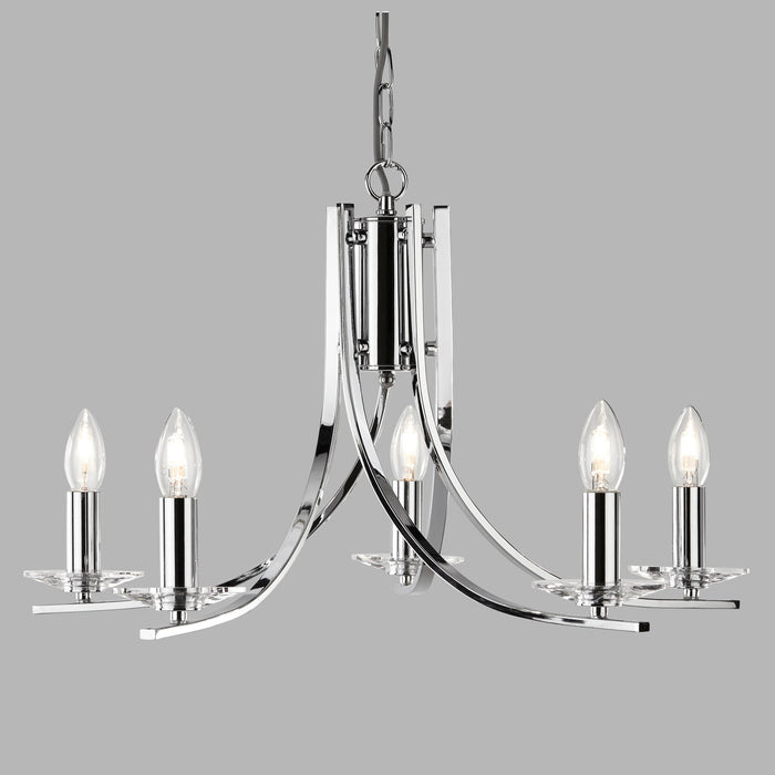 Lampadario Industrial-Nordico Ascona Acciaio Cromo Vetro 5 Luci E14