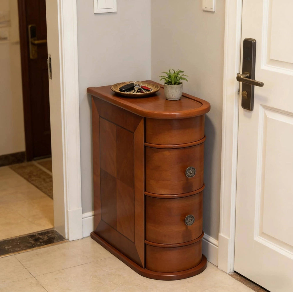 Tavolino laterale ad arco con 2 cassetti in legno; noce; 60 x 27 x 60 cm