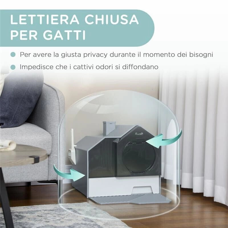 LETTIERA PER GATTI CHIUSA CON VASSOIO ESTRAIBILE, TAPPETINO E PALETTA INCLUSI, 47X45X42CM, GRIGIO