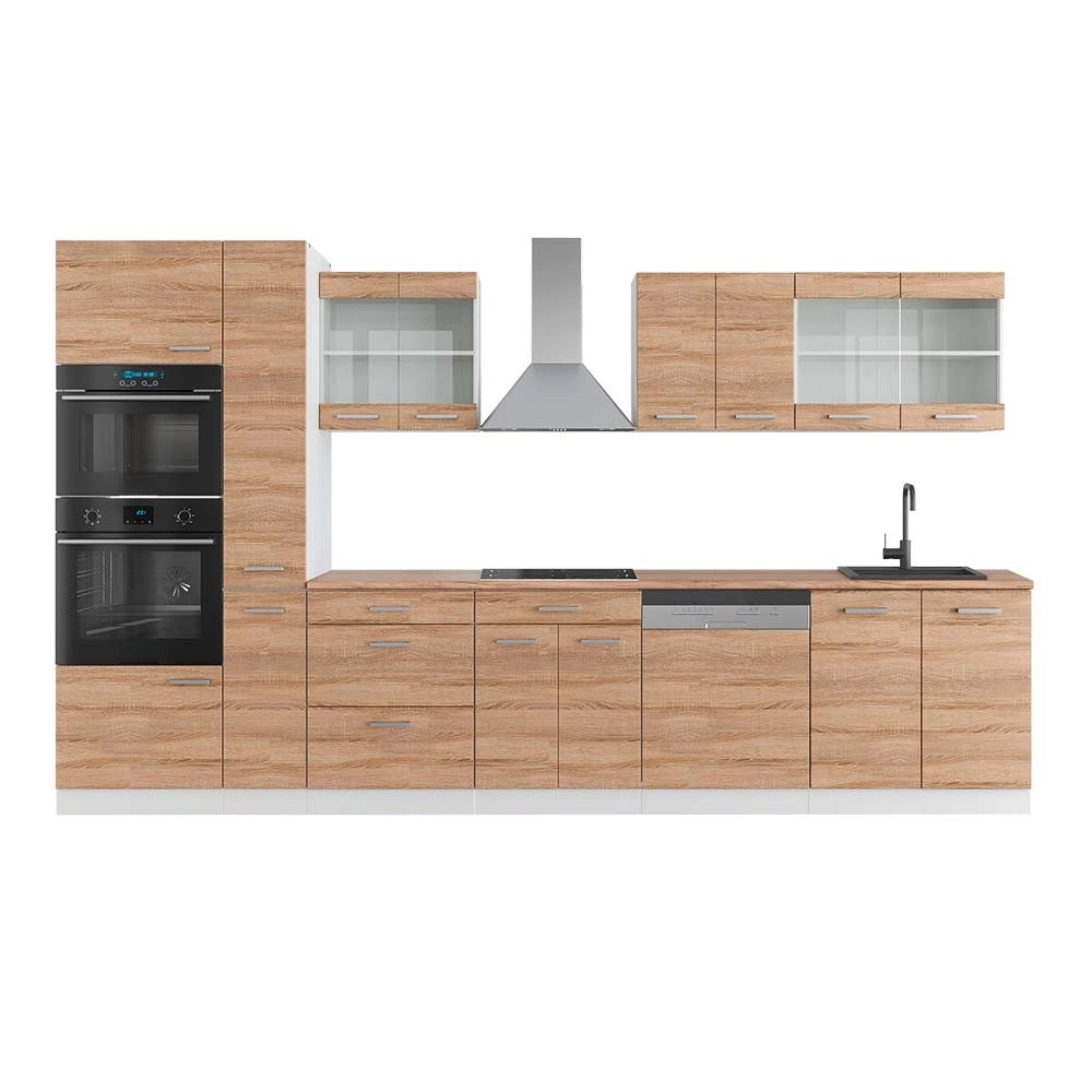 Cucina componibile R-Line Sonoma/Bianco 350 cm con armadio alto, PL Rovere Vicco