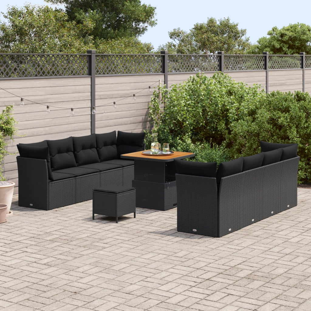 Set di divano da giardino 11 pezzi con cuscini Nero Polyrattan Acacia