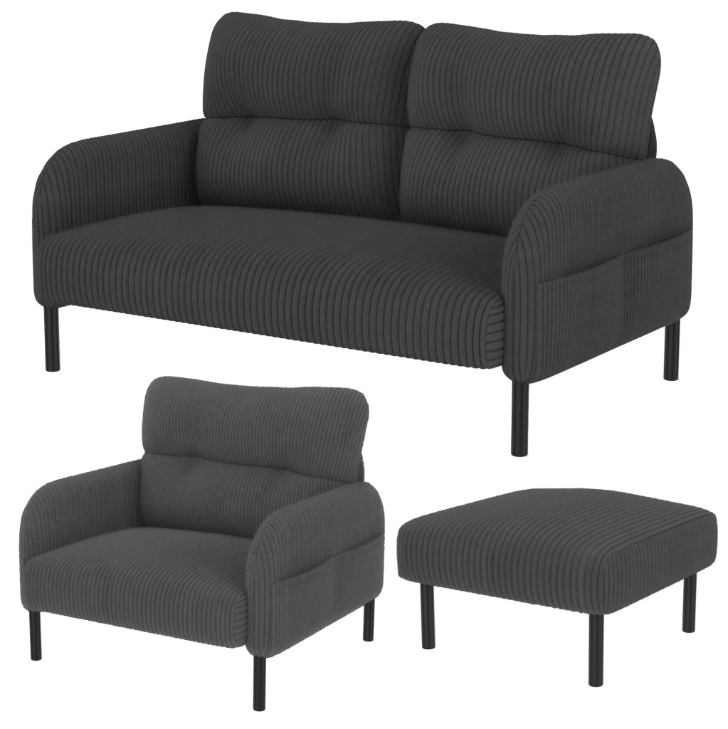 Set divano 2 posti, poltrona e pouf in velluto a coste grigio