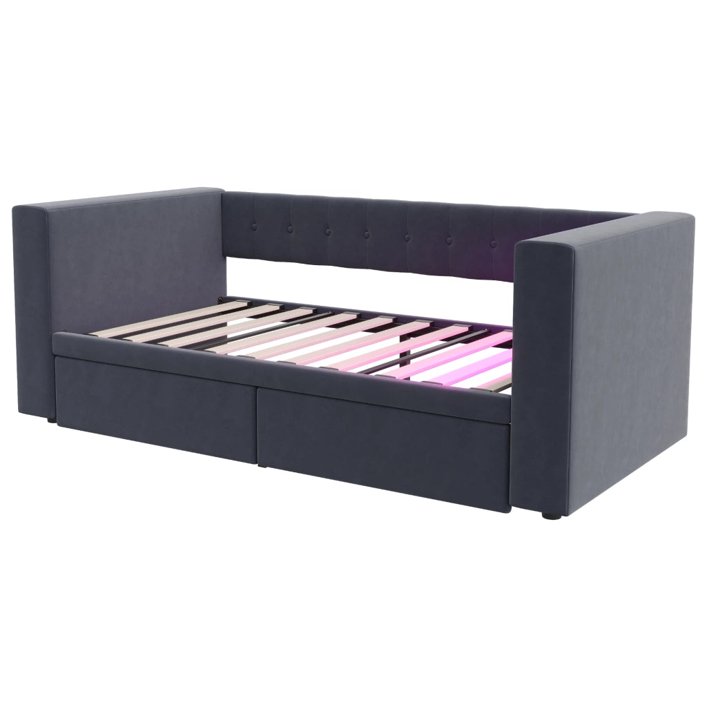 Letto singolo imbottito 90×190 cm con LED; prese e 2 cassetti; senza materasso; grigio scuro