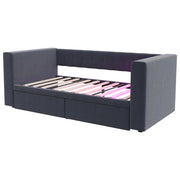 Letto singolo imbottito 90×190 cm con LED; prese e 2 cassetti; senza materasso; grigio scuro