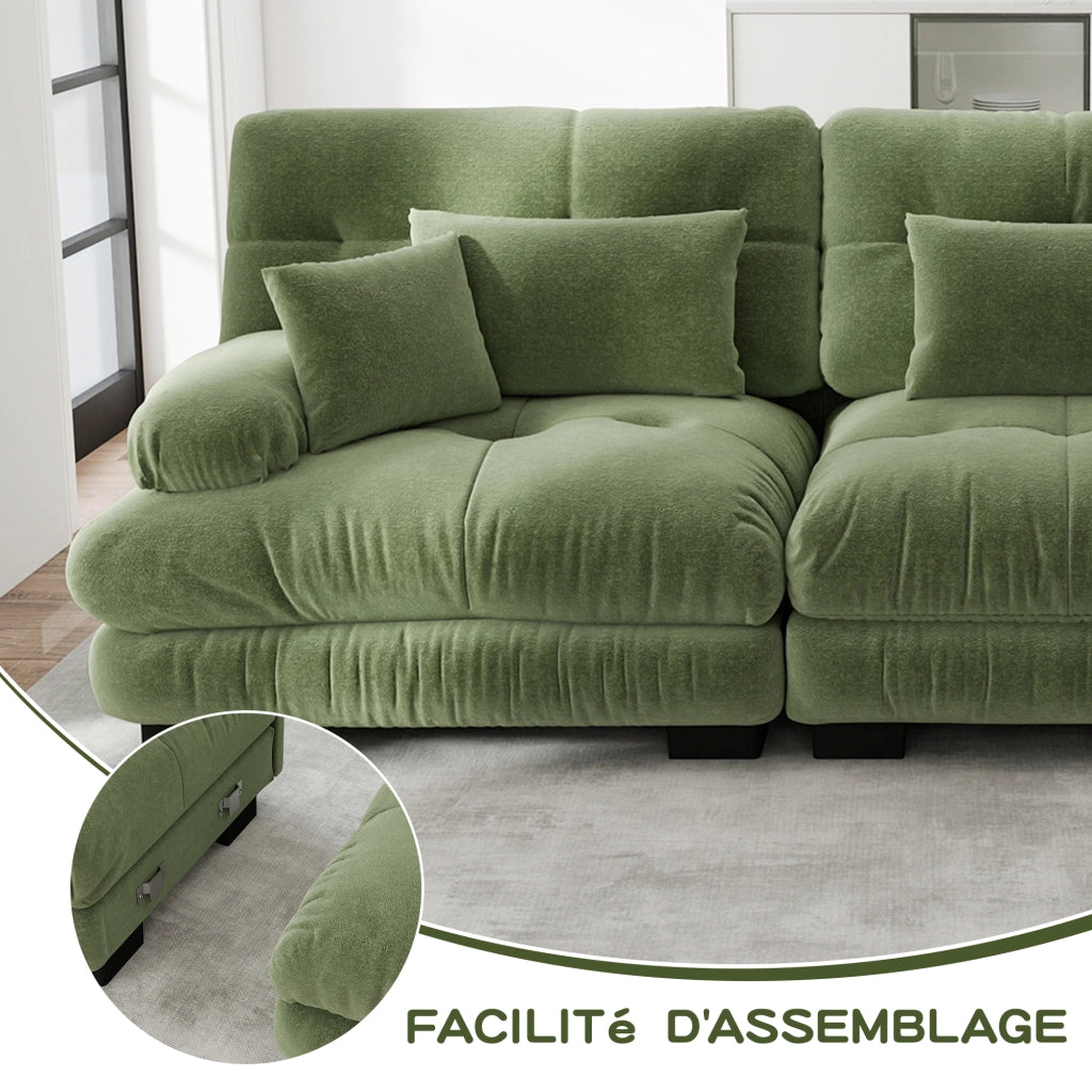 Divano modulare 2 posti in ciniglia verde con 2 ottomane mobili cuscini lombari e decorativi 220 × 145 × 81 cm