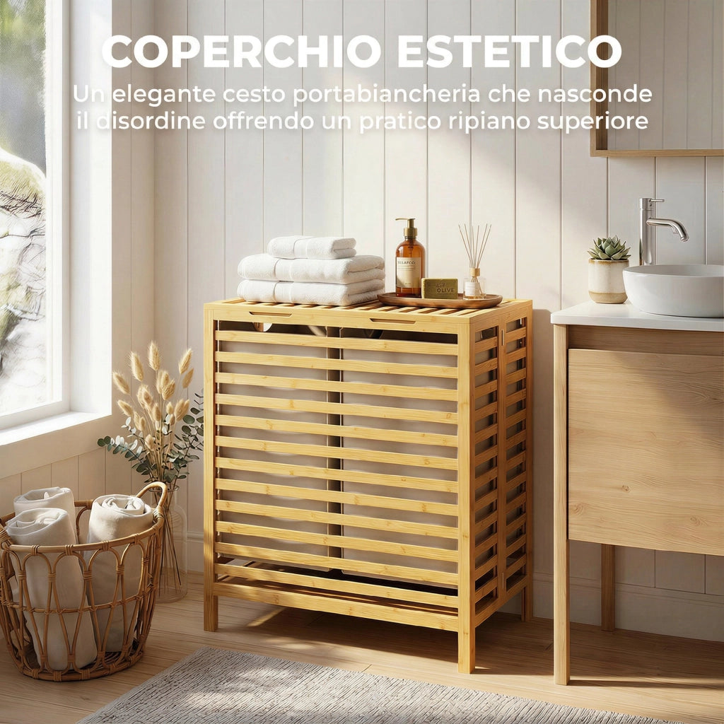 Cesto Portabiancheria in Bamb¨´ con 2 Sacche ¨C zephmum ¨C Legno 64L