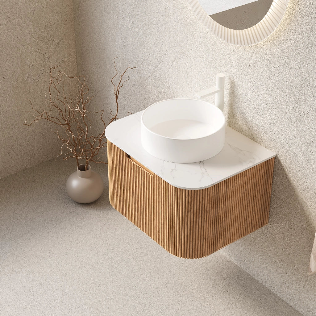 Mobile da Bagno con 1 cassetto e vano contenitore, per bagno, in ceramica e pietra sinterizzata, bianco e effetto legno, 61 cm