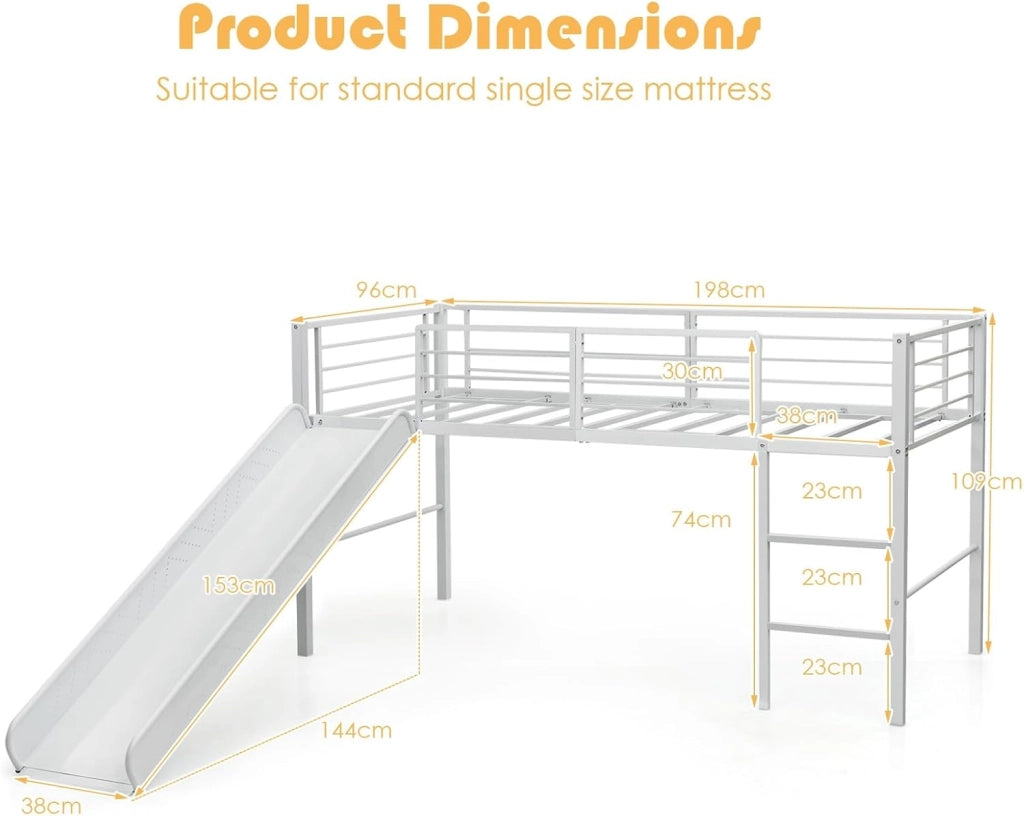 Letto a Soppalco per Bambini con Scivolo E Protezione Anticaduta e Scaletta, Struttura Letto in Metallo 96x198x109cm, Letto a Castello con Rete a Doghe, Fino a 150 kg (Bianco)
