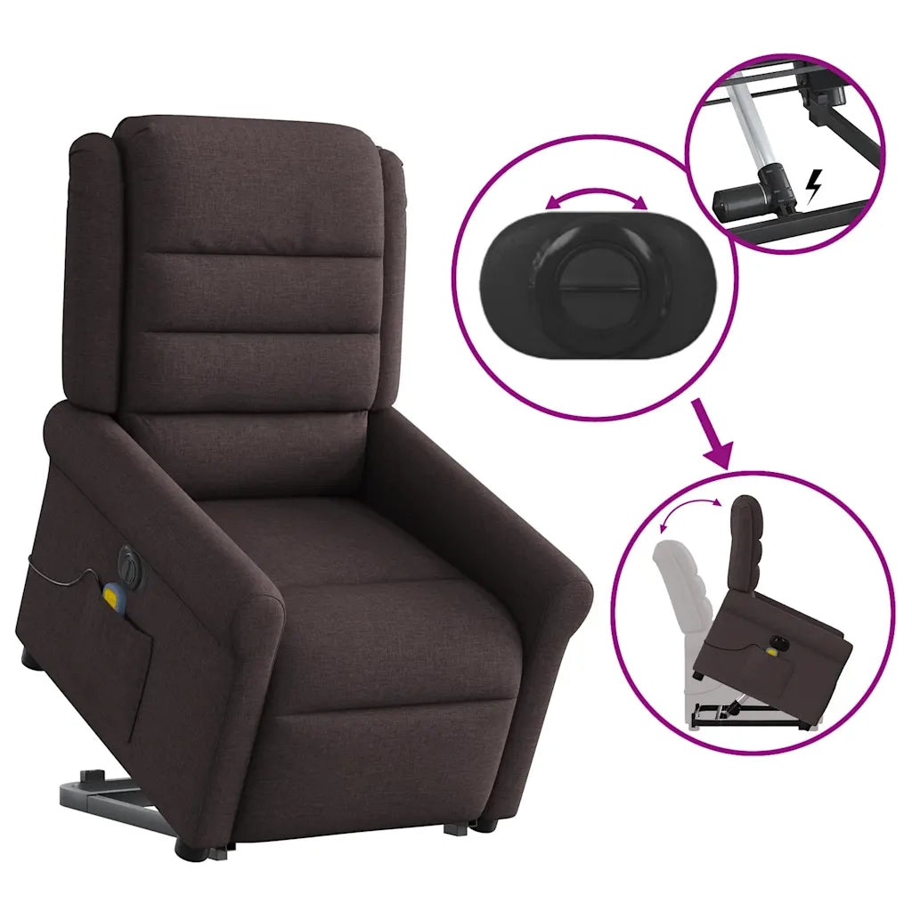 vidaXL Poltrona Alzapersona Massaggio Elettrica Marrone Scuro Tessuto