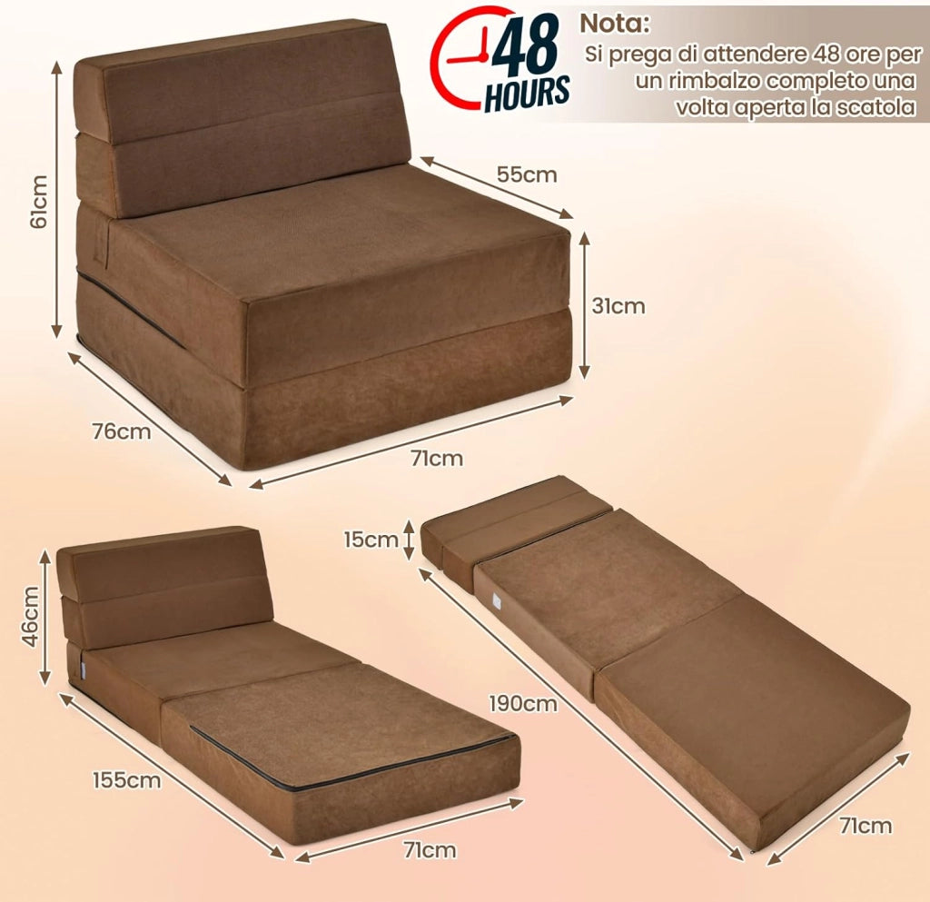 3 in 1 Divano Letto, Materasso da Pavimento 15 cm in Schiuma ad Alta Densità Traspirante, Letto Ospite Portatile per Soggiorno Camera (Marrone)