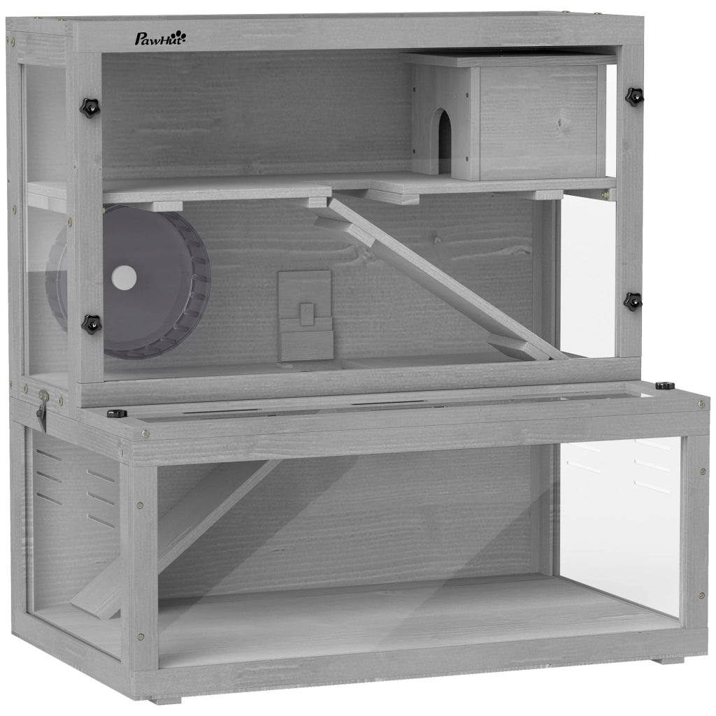 Gabbia per Criceti in Legno 3 Livelli ¨C Xylo ¨C con Casetta, Ruota, Rampe, 80x50x84cm Grigio