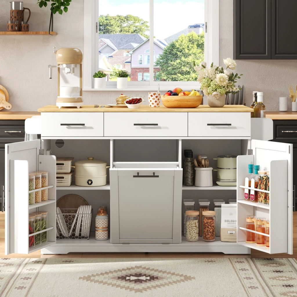 Carrello da cucina con 3 cassetti; 2 vani e vano porta rifiuti con piano ribaltabile per cucina