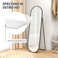 Specchio a Figura Intera da Terra con Supporto Pieghevole, in Vetro e Metallo, 40x41x159 cm, Nero
