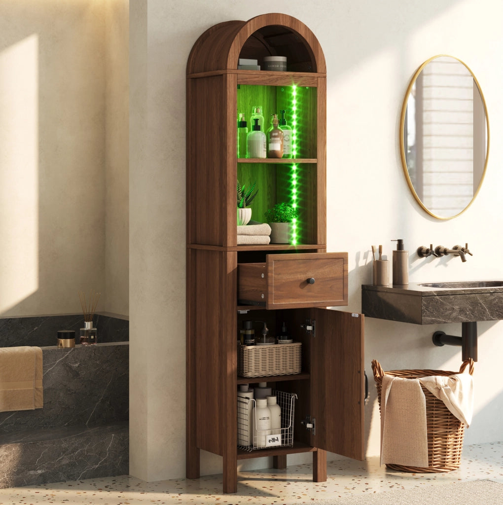 Mobile bagno alto 163 cm con LED RGB; anta reversibile; cassetto; MDF; noce