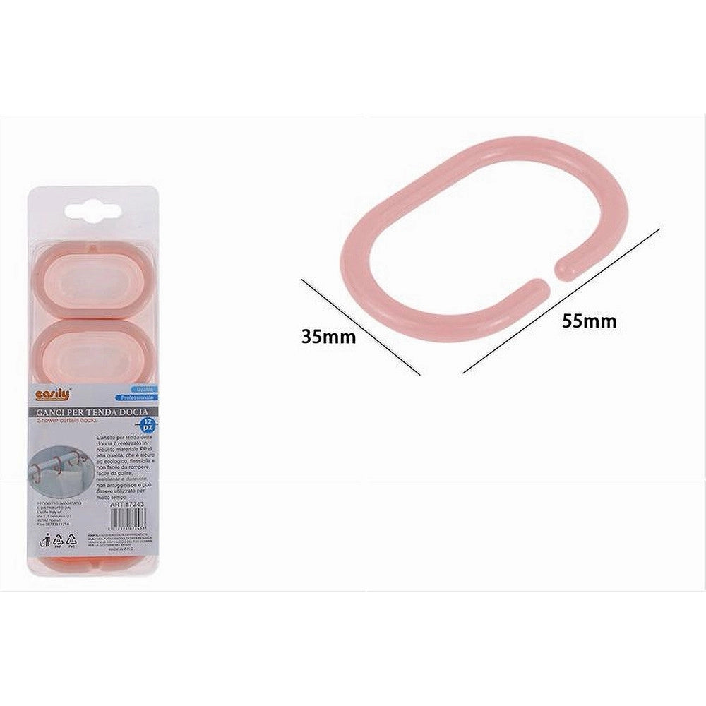 Trade Shop - Set 12 Pz Anelli Gancio Per Tenda Da Doccia Box Bagno In Plastica Pp Rosa 87243 -