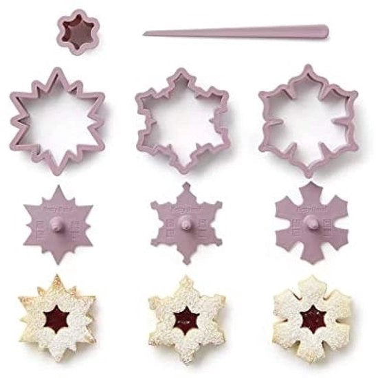 Set di stampi per biscotti a forma di fiocco di neve 3 pezzi, resistente al lavastoviglie, inclusa forma mini stella e spazzola per pulizia, ideale per biscotti a punta di spillo, biscotti a stella di cannella, biscotti di Natale