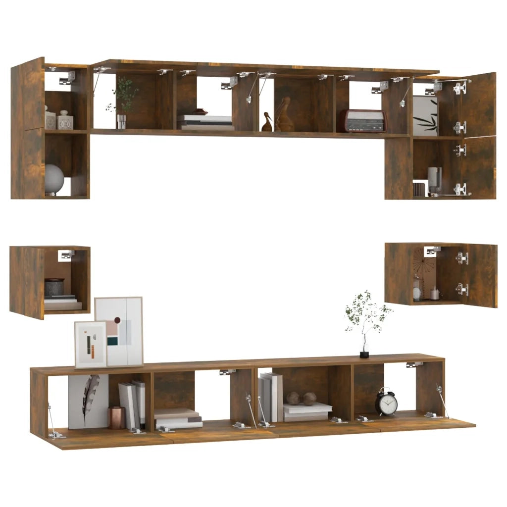 Set Mobili Porta TV 8pz Rovere Fumo in Legno Multistrato 3114419