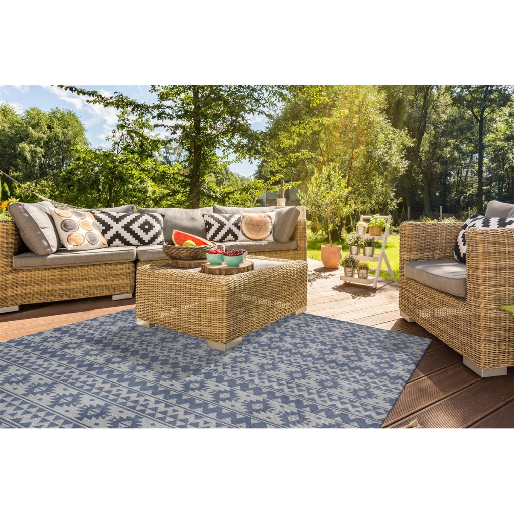 Tappeto In/Outdoor Sunny 210 Celeste con Motivo Etnico