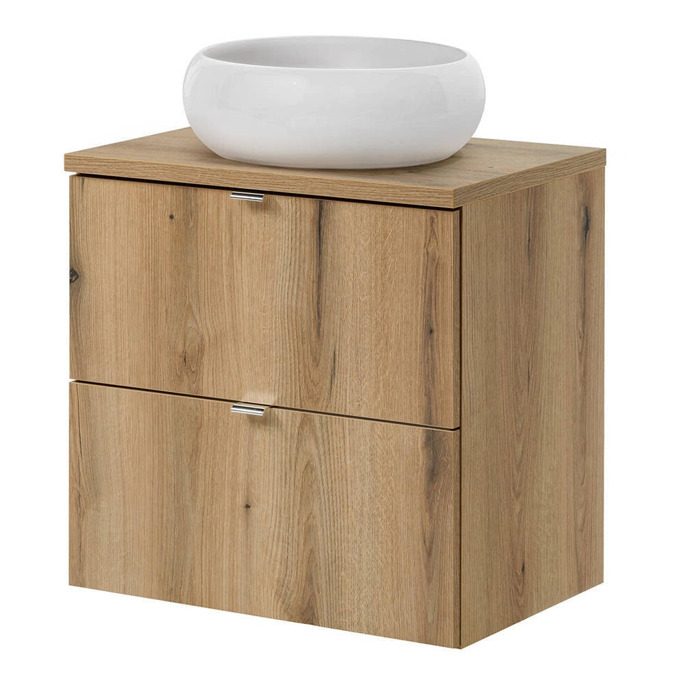 Mobile Pensile Sottolavabo Newport con 2 Cassetti e Lavabo Rotondo Bianco 60x72x40 cm - Effetto Rovere [en.casa]
