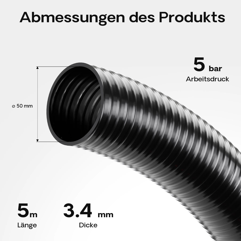Tubo spiralato per aspirazione, nero, da 5m in PVC D50mm 640g/m per pompe laghetti