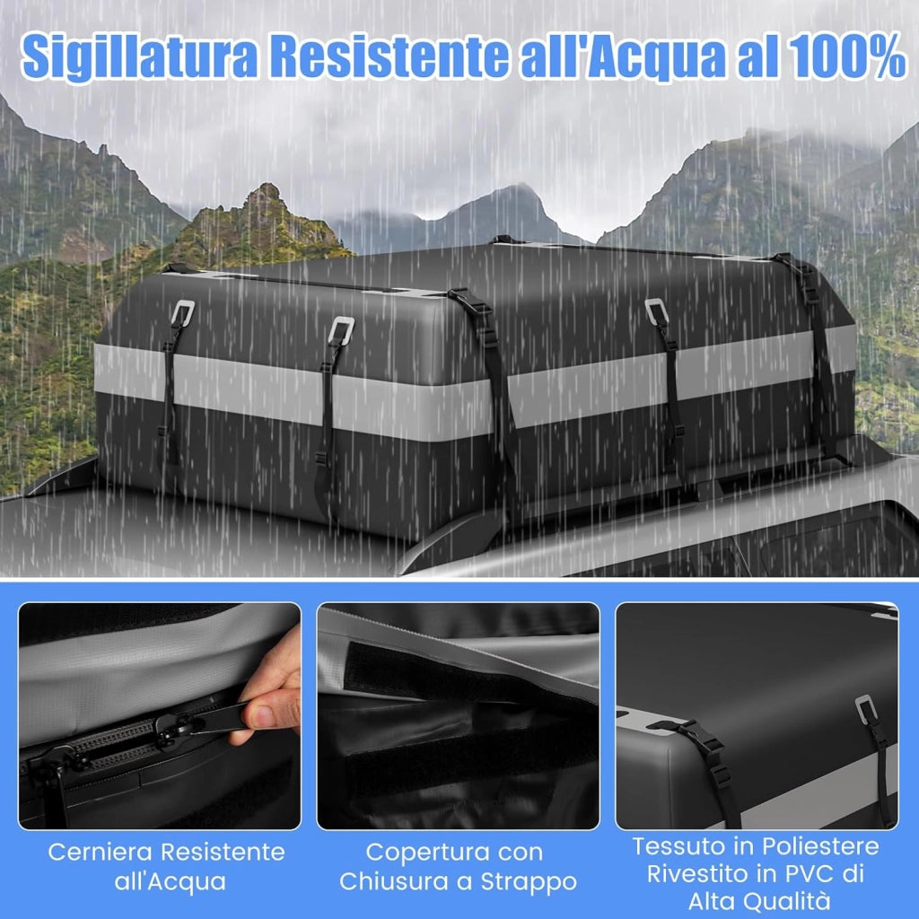Borsa da Tetto per Auto Impermeabile 21Cu.Ft/595L, Box Tetto Universale con Tappetino Antiscivolo+ 12/14 Cinghie+ 6 Ganci, Sacca per Auto con/senza Barre Portapacchi (Grigio, 21Cu.Ft/595L)