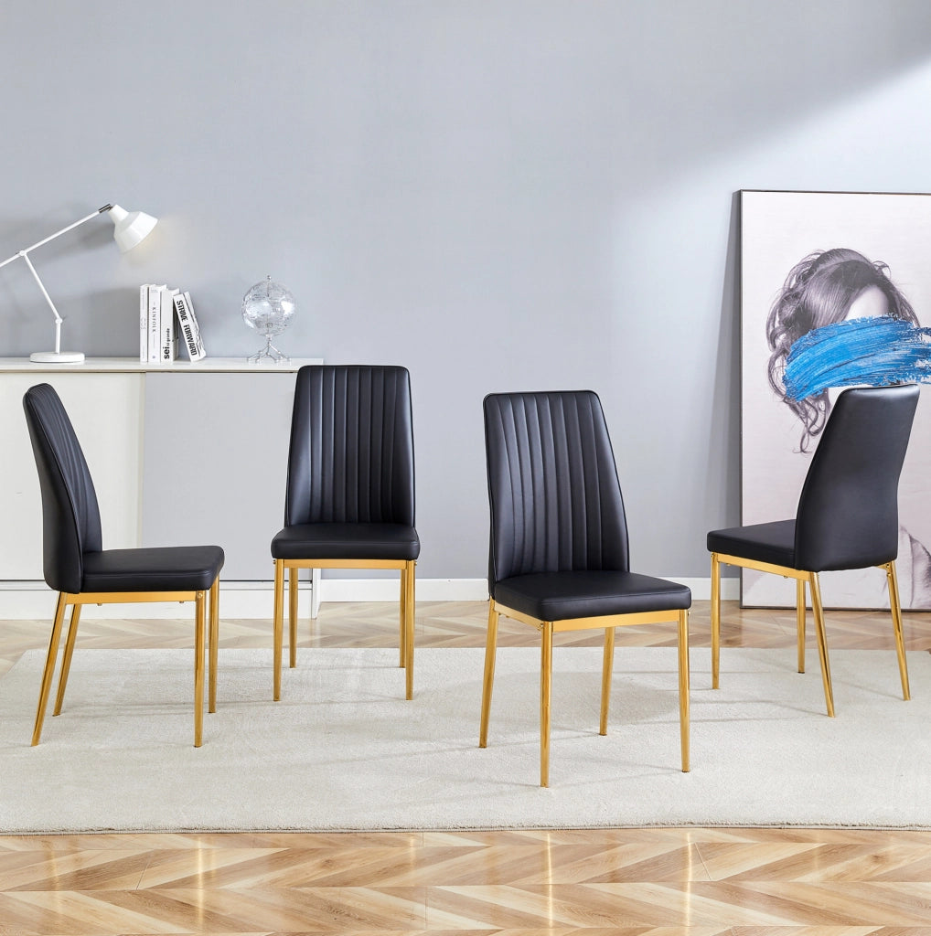 Set 4 sedie da pranzo moderne in PU nero con gambe in metallo dorato; 80 x 50 x 46;5 cm