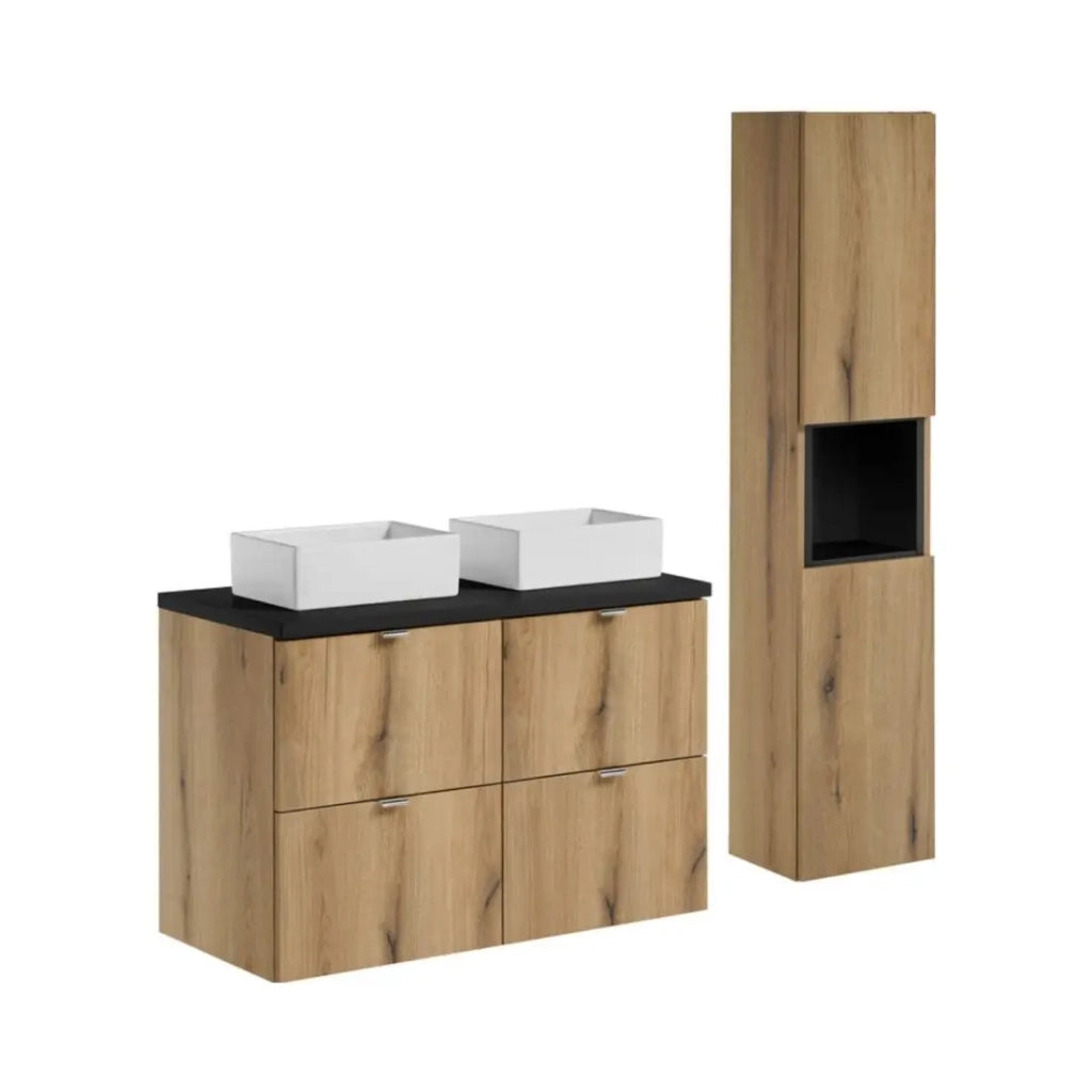 Set VANO quercia e nero 130cm: mobile sottolavabo con cassetti + piano per lavabo + lavabi rettangolari da appoggio + colonna
