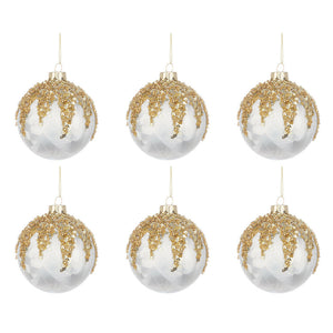 Palline di Natale in Vetro Bianco Perla Paillettes Oro Prize Diametro: 80 mm