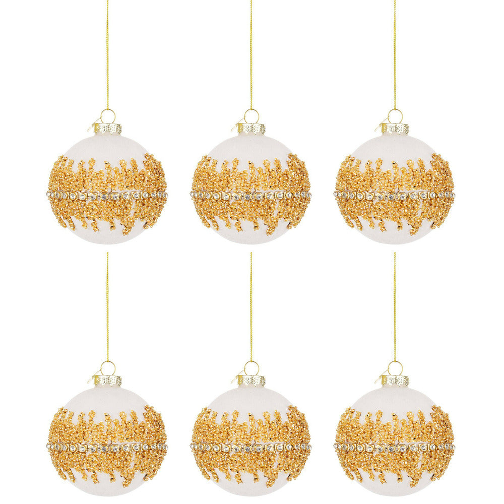 Palline di Natale in Vetro Bianco Velluto Oro Luxury Diametro: 80 mm