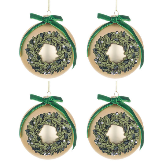 Palline Natale in Vetro Elegante con Fiocco in Raso Verde Corona Diametro: 100 mm