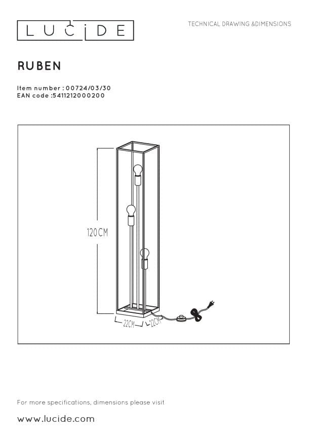 Lampada da terra Lucide Ruben nero oro 3xE27 H120 40W
