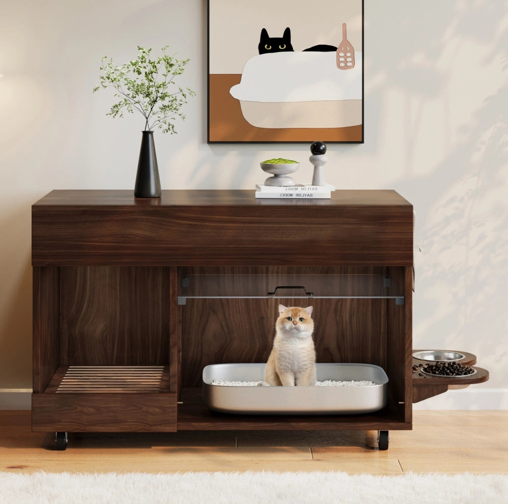 Mobile copri lettiera per gatti con cassetti e ruote; MDF noce; 100 x 45;5 x 67 cm