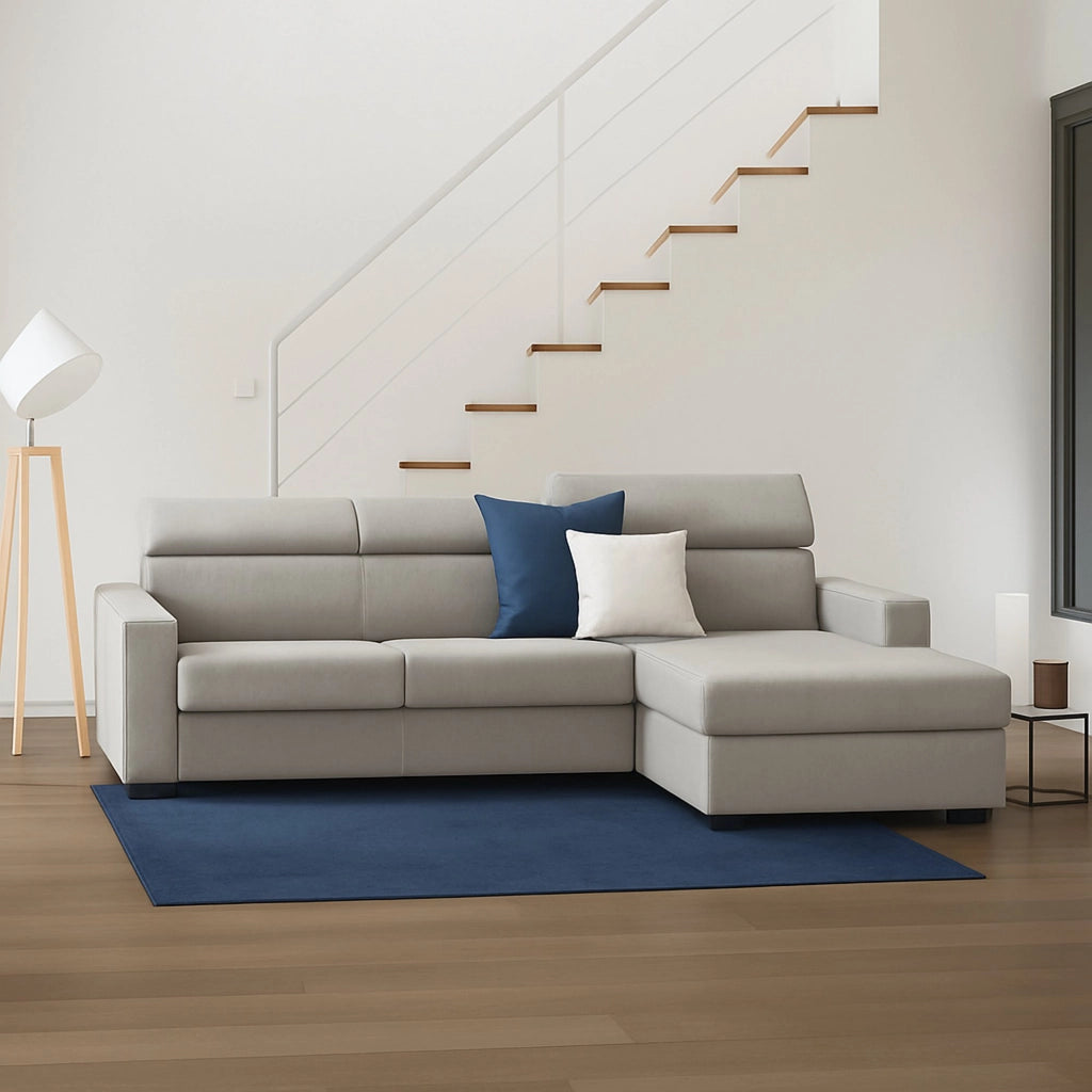 Divano fisso Angera, Divano ad angolo, Made in Italy, SofÒ  Soggiorno con chaise longue, in tessuto imbottito - Penisola contenitore Destra, con Braccioli slim, cm 280x95h85, Tortora