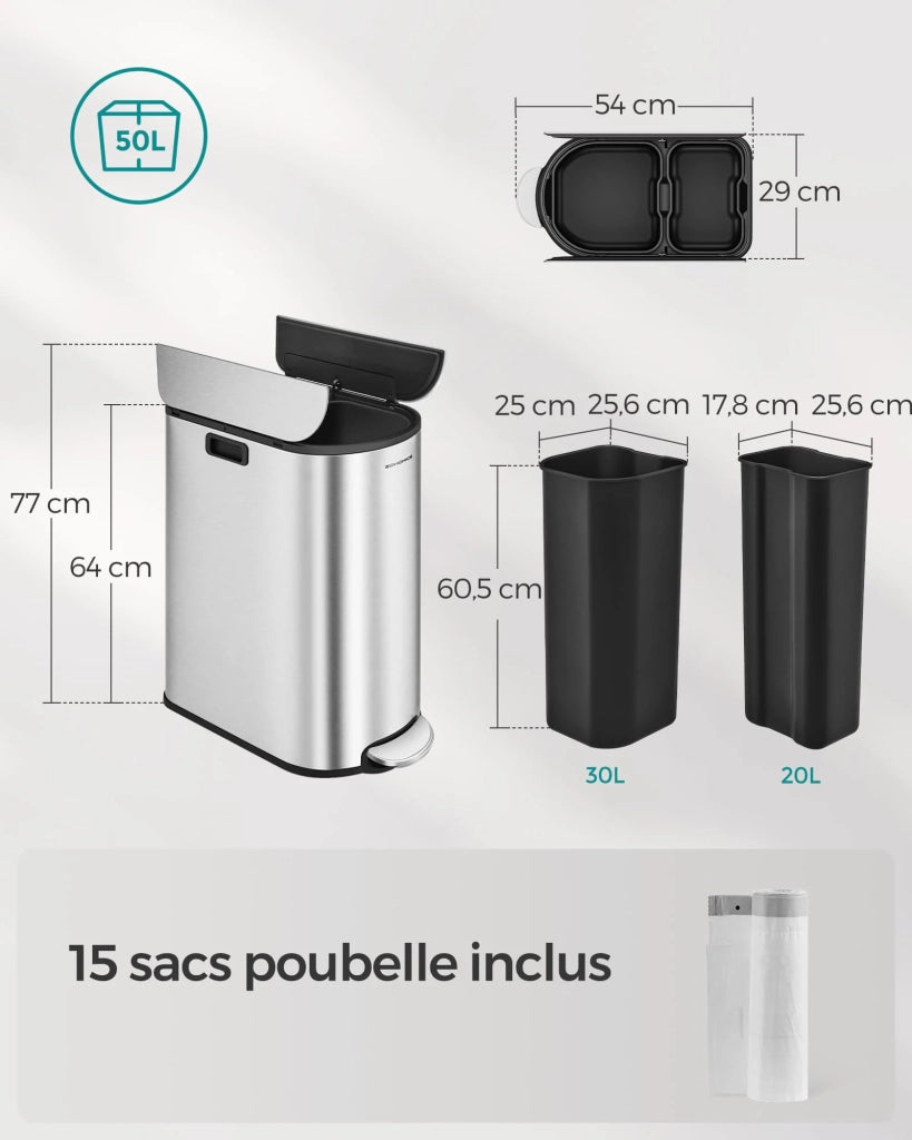 Pattumiera doppia da cucina 30 litri e 20 litri design sottile 2 scomparti per la raccolta differenziata e il riciclaggio dei rifiuti con pedale e coperchi grigi 12_0007209