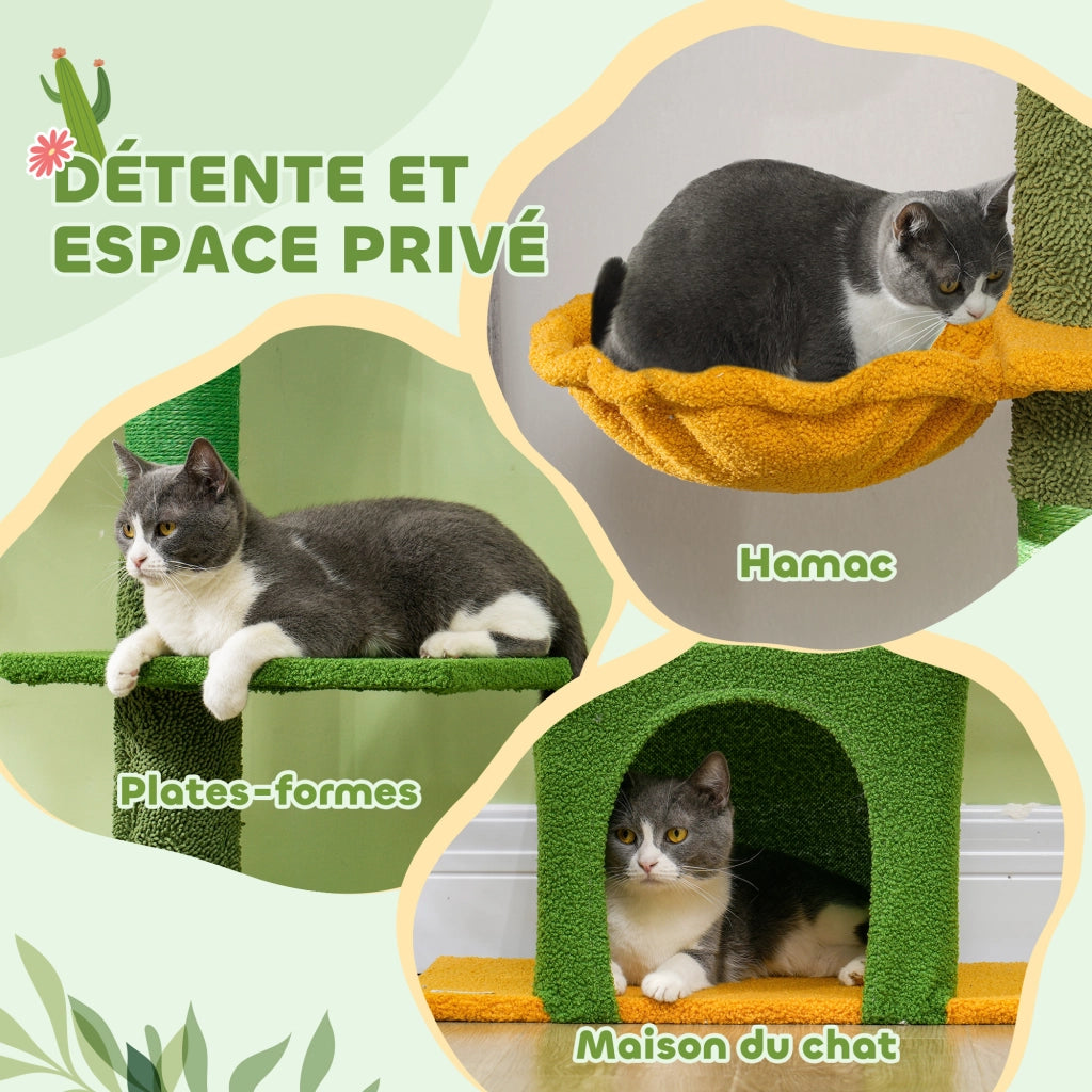 Albero per gatti a 6 livelli con piattaforme, nicchia e amaca ¨C Minimal ¨C Verde 275x60x60