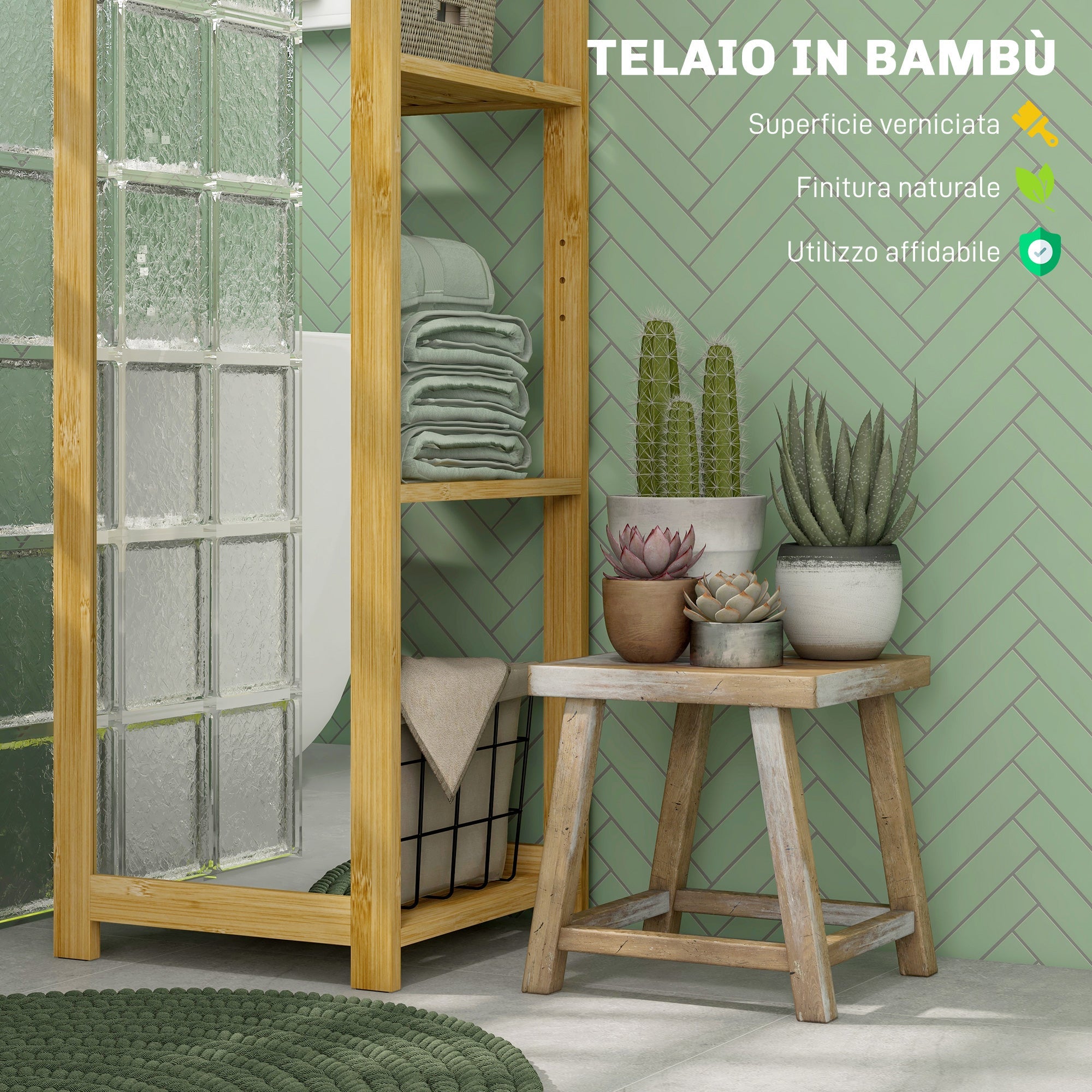 Mobile a Colonna con Specchio 6 Ripiani in Bambù 35x35x168 cm Colore Legno