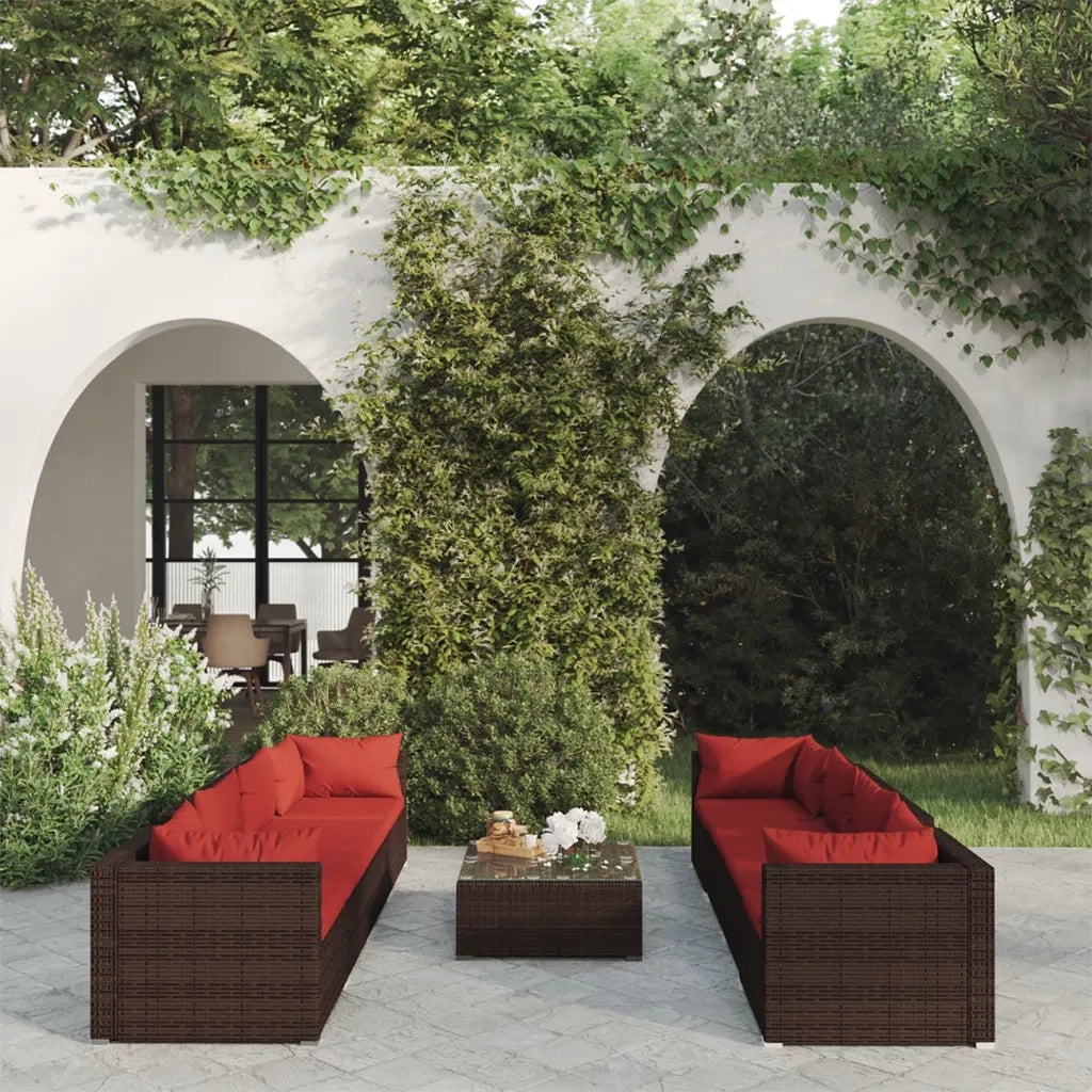 Set Divani da Giardino 9 pz con Cuscini in Polyrattan Marrone 3101515