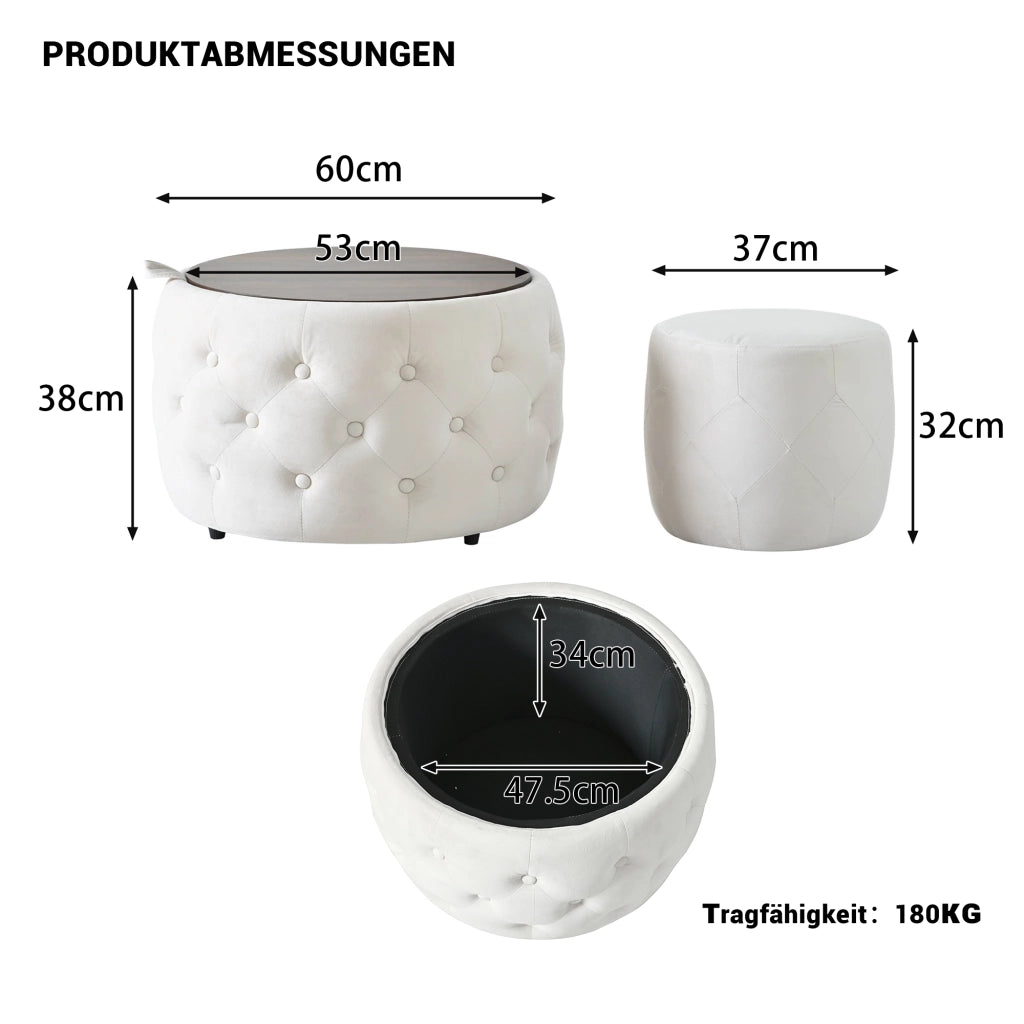 Pouf contenitore 2 pezzi salvaspazio 4 in 1 con vassoio rimovibile e vano interno in velluto beige 59,6 × 59,6 × 38 cm