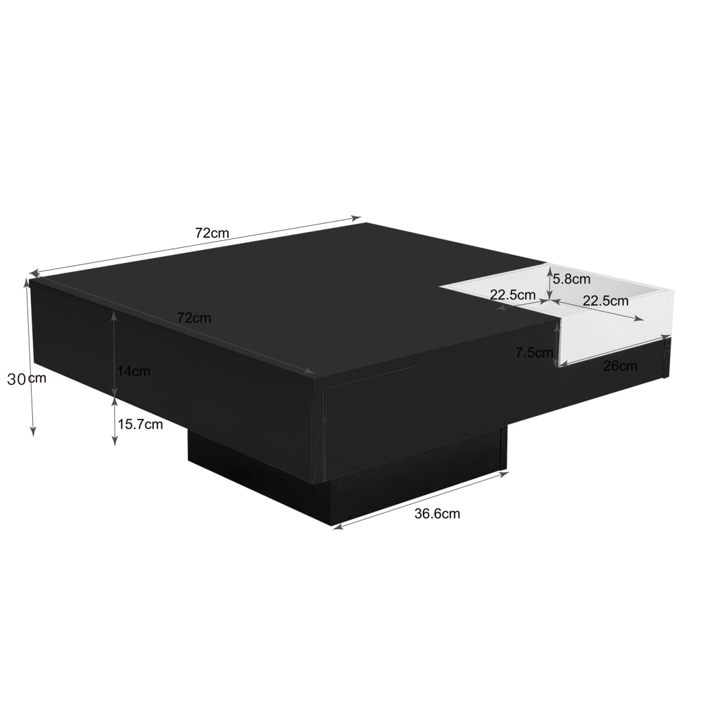 Tavolino da Salotto con Box Contenitore Rimovibile e LED; Finitura Lucida; per Soggiorno; in Truciolato; Nero