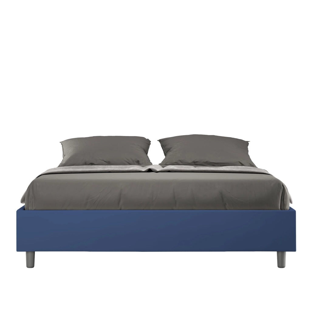 Letto Matrimoniale 160x200 cm con Rete e Contenitore Senza Testata Imbottito in Similpelle Azelia Blu