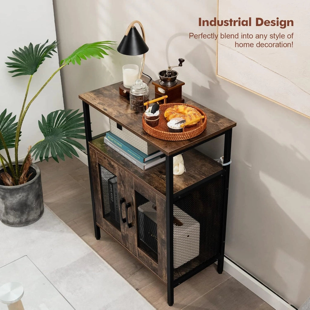 Cantinetta Porta Bottiglie da Vino, Credenza Industriale con 5 Portabottiglie Rimovibili, con Porta in Metallo a Rete Metallica, 60x34x79cm (Marrone)