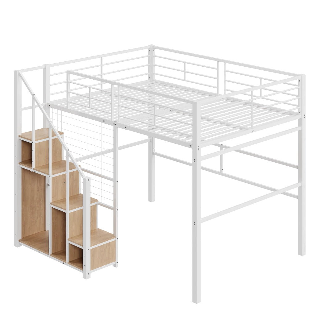 Letto a castello bianco con scala di sicurezza funzione contenitiva in metallo 140x200 cm