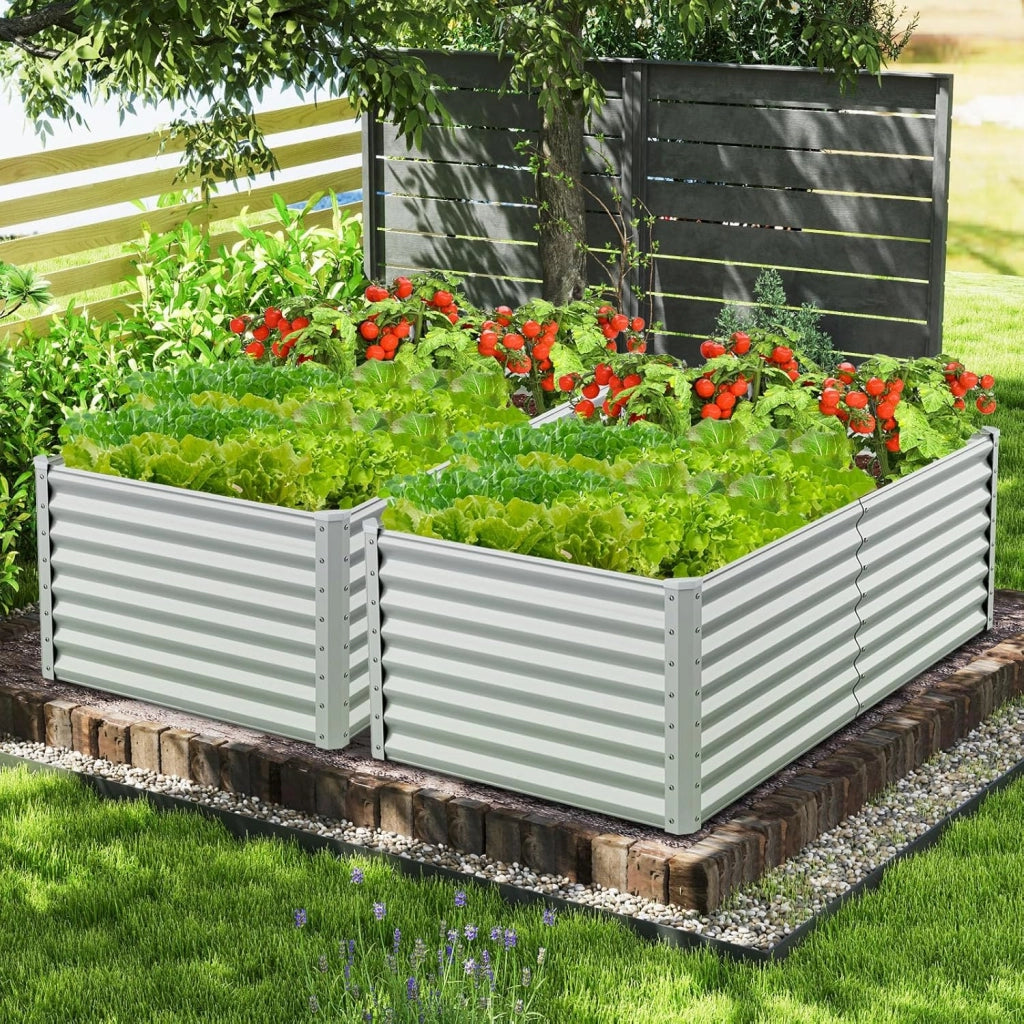 Letto da Giardino Rialzato in Metallo, Orto Rialzato con Design a Fondo Aperto, Protettori d'Angolo Rinforzati, Aiuola Rialzata da Esterno per Verdure, Fiori e Erbe Aromatiche (Grigio)