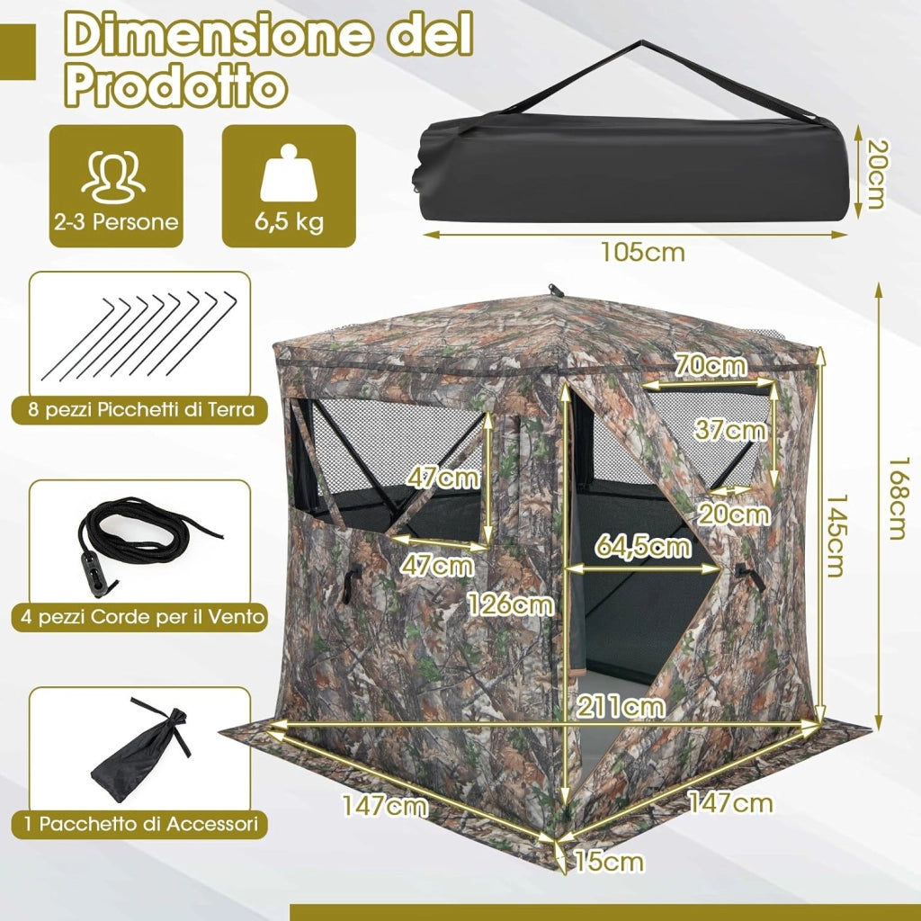 Tenda da Caccia Portatile a 270 Gradi Trasparente, Tenda a Caccia per 2-3 Persone con Finestre Scorrevoli Silenziose, Borsa per Trasporto