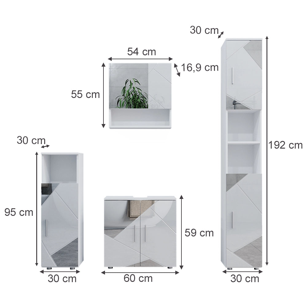 Vicco Set mobili bagno Bianco lucido con inserti 4 parti, con armadio alto