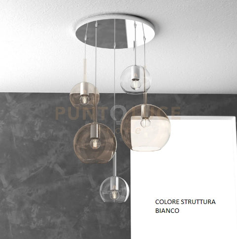 SOSP. BIANCO TONDA 5 LUCI VETRI (1 GRANDE AM+1 MEDIO AM+3 PICCOLO (1X AM+2X TR)) 1155BI-S5 TMIX-TA