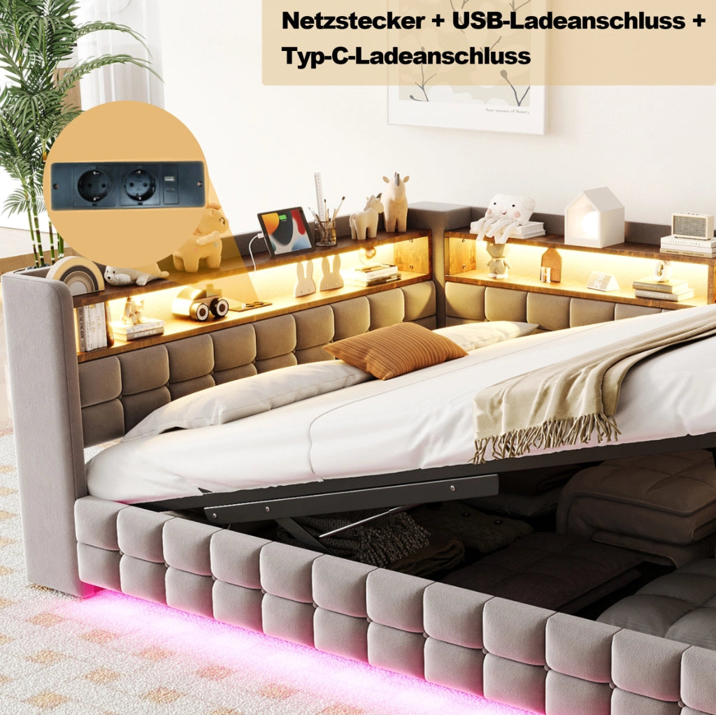 Divano letto imbottito 140×200 cm con vano contenitore; LED; prese USB/Type-C; velluto grigio chiaro