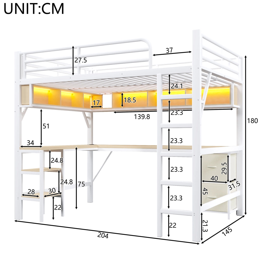Letto a soppalco 140x200 cm con scrivania, LED e USB, bianco