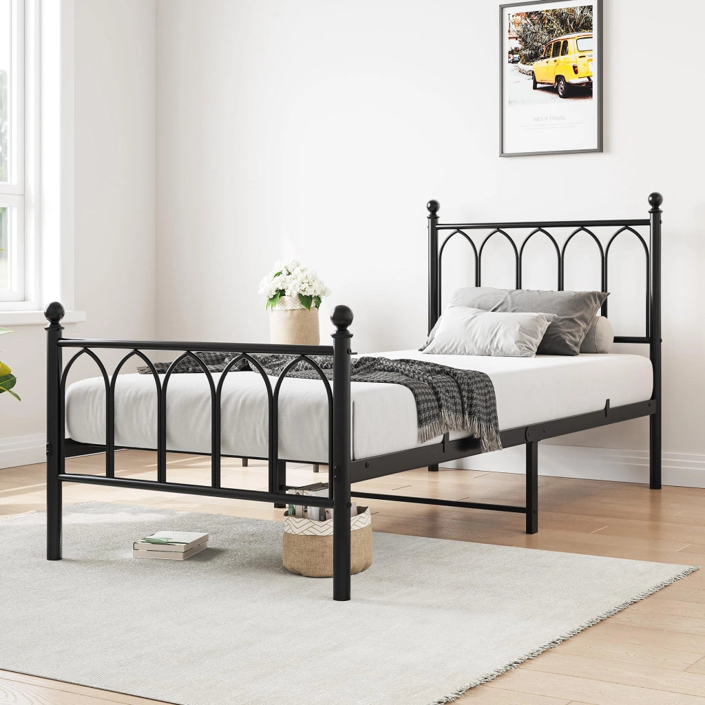 Letto in metallo con testiera vintage e contenitore, 90x200 cm, nero